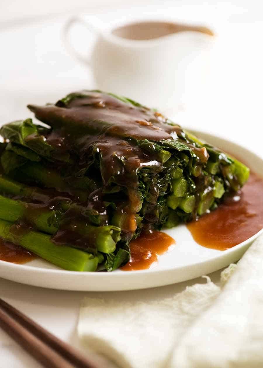 Steamed Chinese Broccoli drizzled with Oyster Sauce, ready to be served