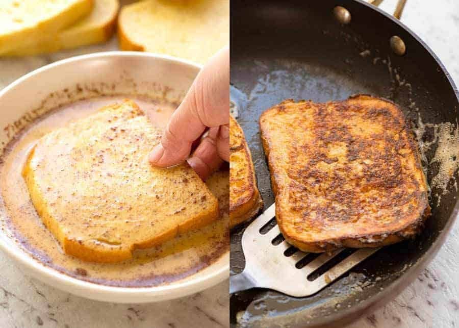 How to make French Toast: 2 eggs, 1/2 cup of milk, 1 tsp vanilla and cinnamon. Dunk bread in, pan fry in butter!