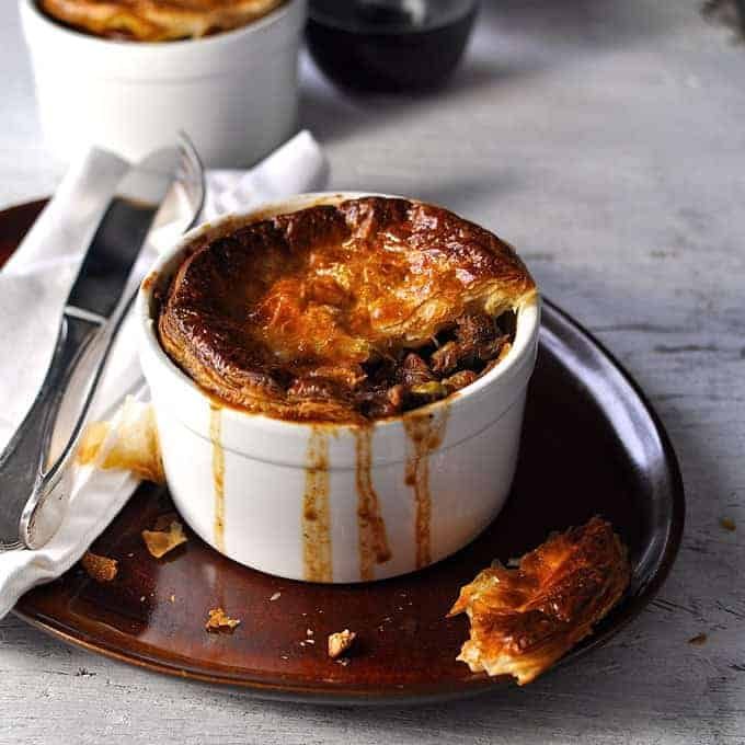 Beef cheek, mushroom and vegetable pie