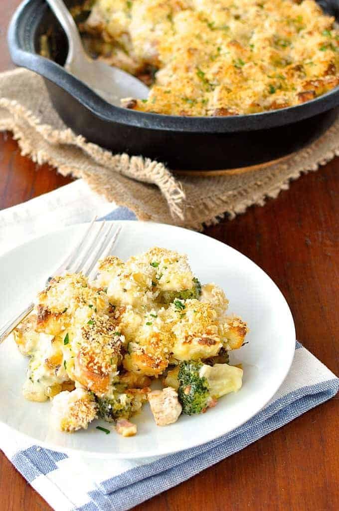 Serving of Chicken and Broccoli Strata on a white plate