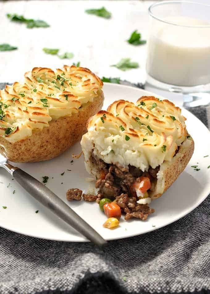 Shepherd's Pie Potato Skins, one cut open