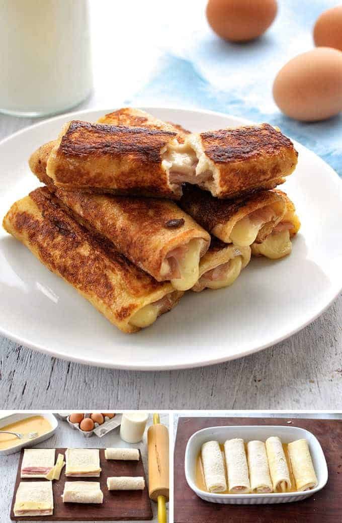Ham and Cheese French Toast Roll Ups and process photos