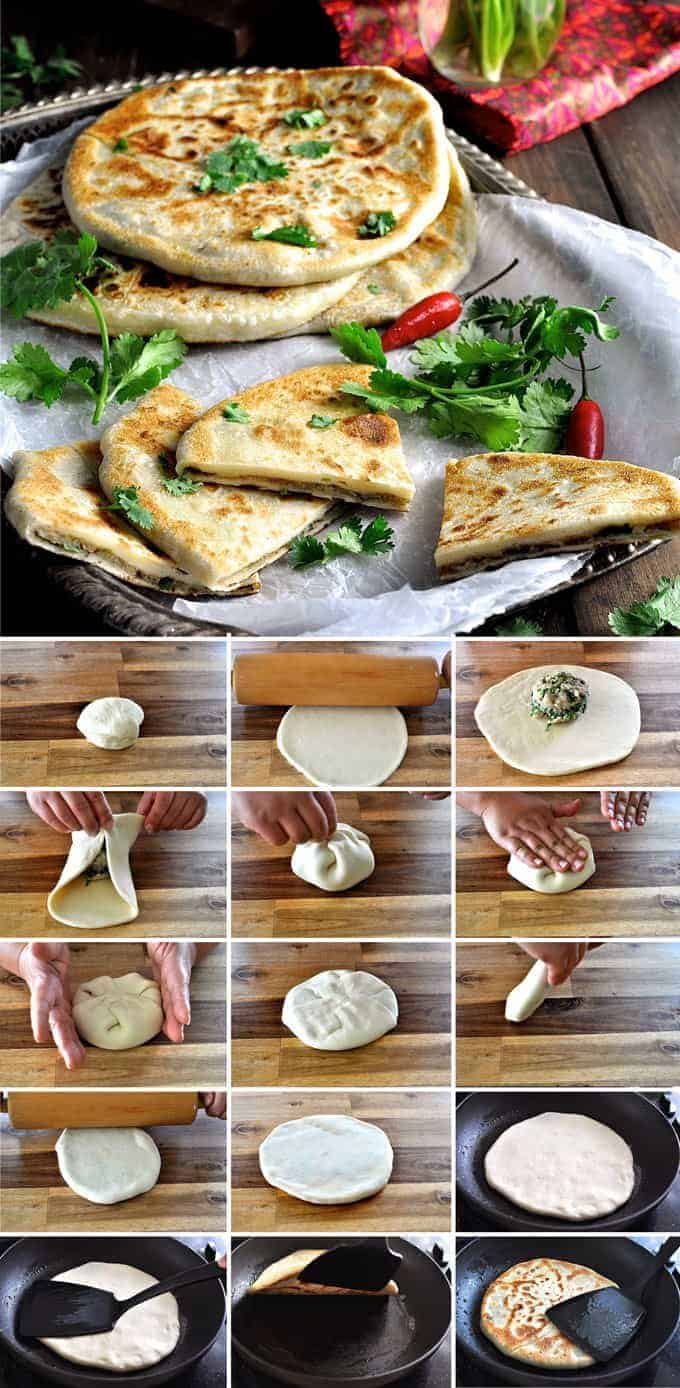 Preparation steps to make Aloo Paratha, Indian Stuffed Flatbreads filled with potato and spiced beef.