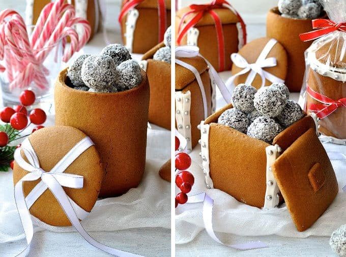 Festive spread of Gingerbread Boxes and Mason Jars tied with ribbons and filled with chocolate truffle balls.