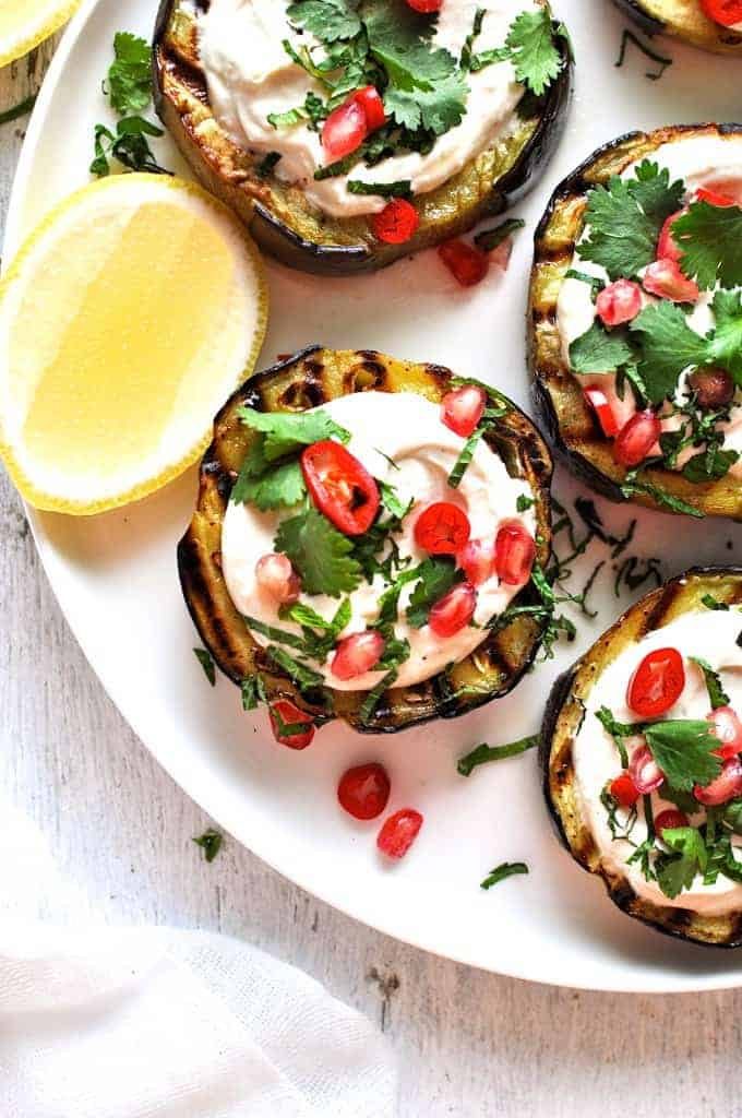 Closeup of Grilled Eggplant with yoghurt sauce