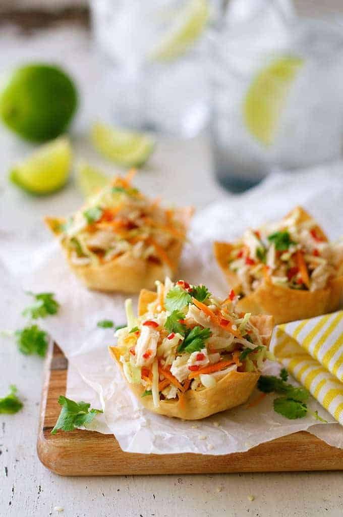 Closeup shot of Thai Chicken Salad Wonton Cups