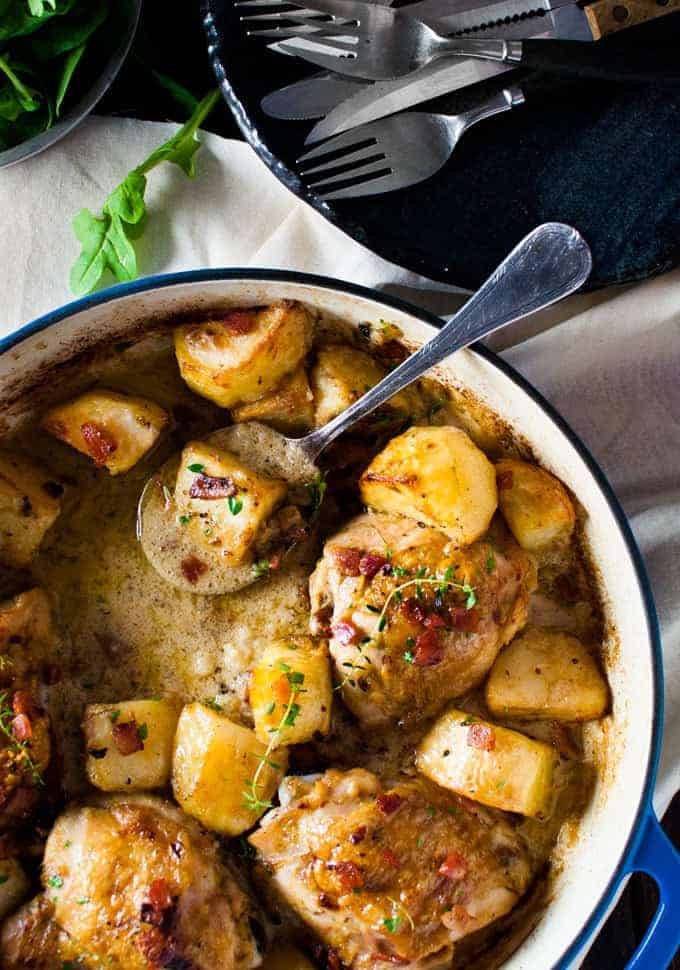 Baked Honey Mustard Chicken with Roast Potatoes and Bacon - all made in one pan! Easy enough for midweek, fancy enough for a dinner party! recipetineats.com
