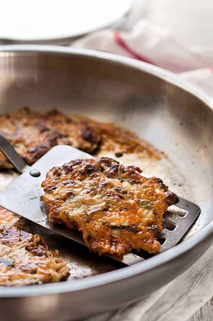 Crispy Cheesy Sausage Hash Browns in a skillet