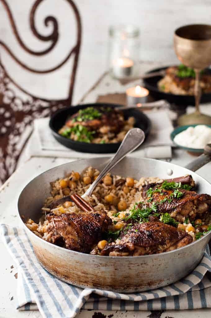 Baked Chicken Shawarma and Rice baked in one pan in a skillet, ready to be served.