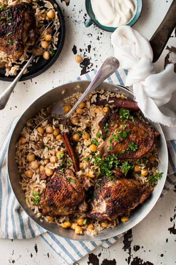 Baked Chicken Shawarma and Rice baked in one pan in a skillet, ready to be served.