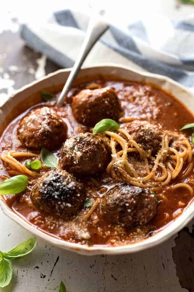 Italian Meatball Soup - Extra juicy, soft & tasty meatballs in a tomato spaghetti soup, all made in one pot!