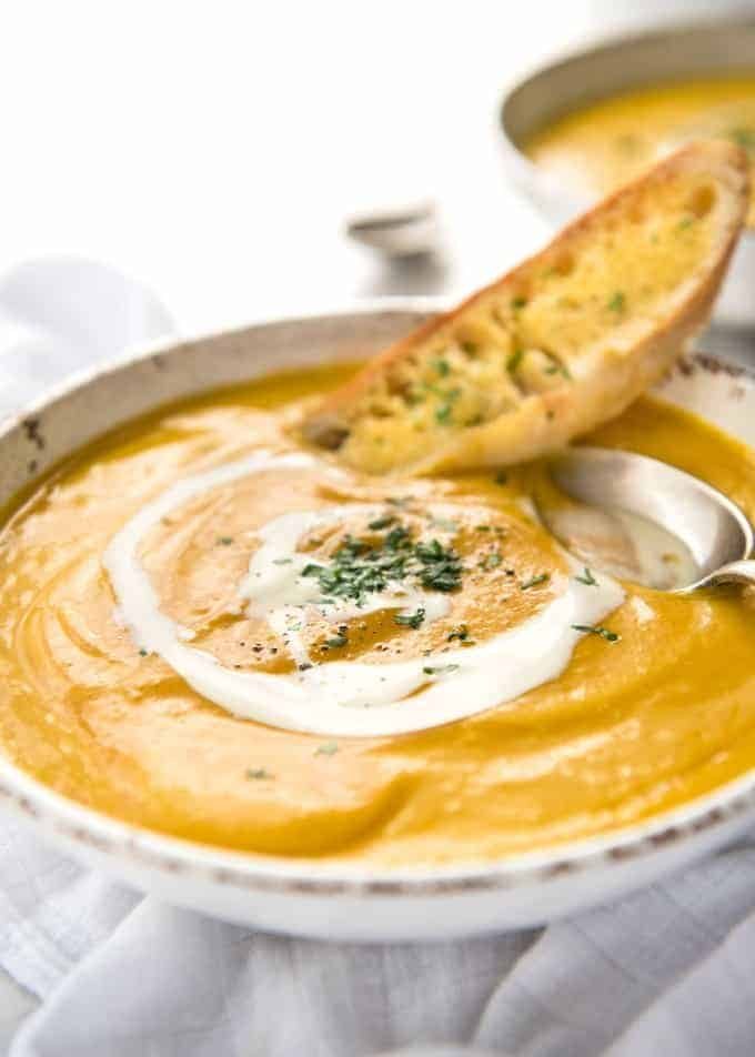 No Chop Roast Pumpkin Soup - An intensely flavoured creamy pumpkin soup made without chopping / peeling pumpkin. recipetineats.com