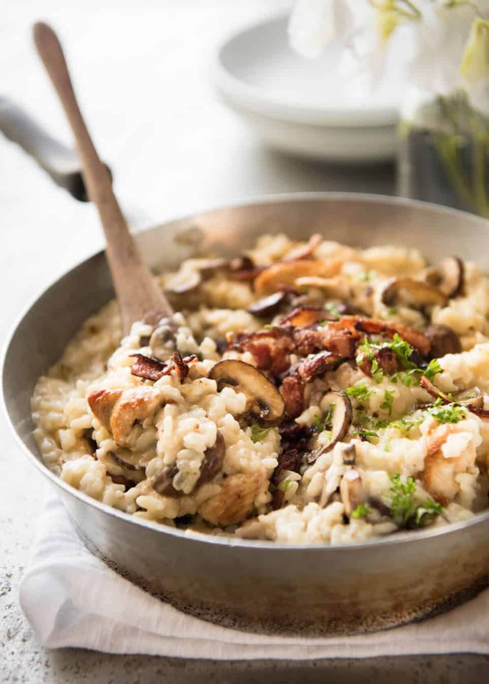 Chicken and Mushroom Risotto - Creamy risotto with golden brown sautéed mushrooms and chicken. Easy, perfectly seasoned and beautifully creamy! recipetineats.com
