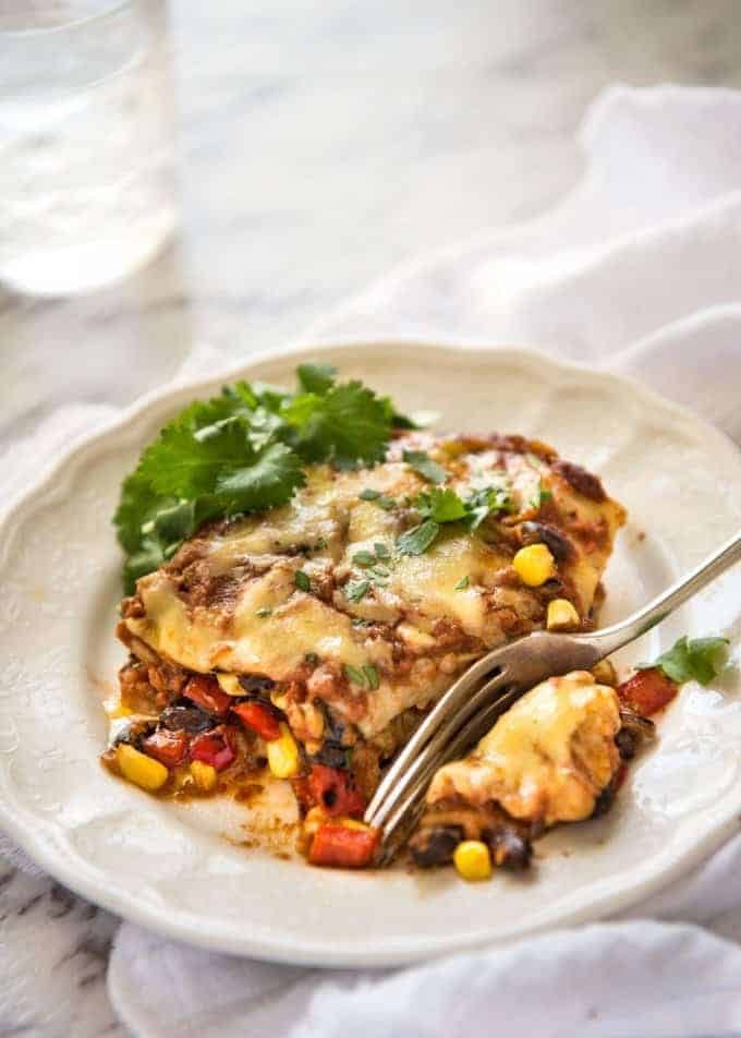 Vegetarian Mexican Caserole (Lasagna) - Fresh, healthy and loaded with Mexican flavours, just 342 calories per serving! www.recipetineats.com