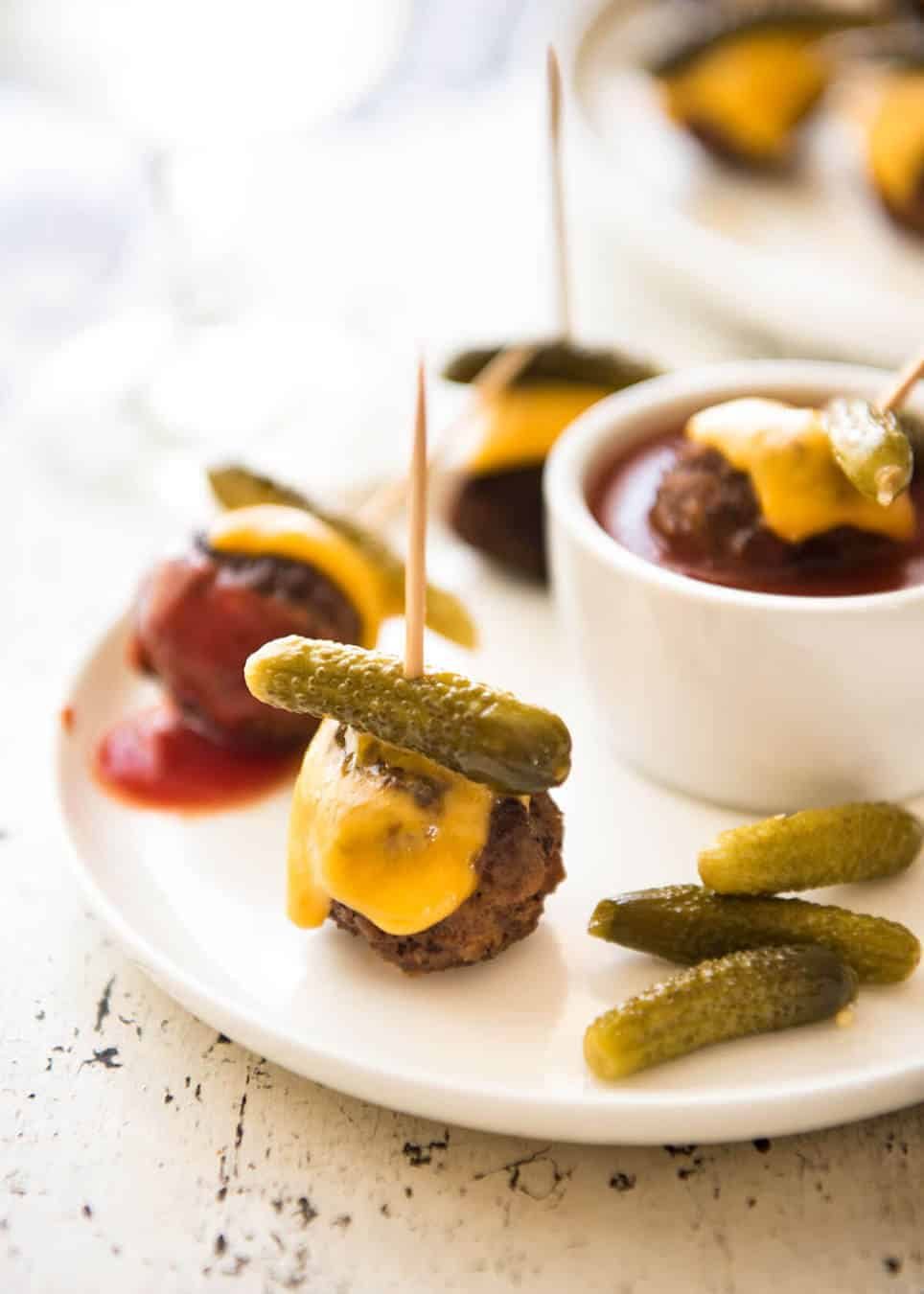 Cheeseburger Party Meatballs - tastes like a cheeseburger, in bite size form! Great for making ahead - fully assemble (inc toothpicks), 90 sec reheat in microwave. www.recipetineats.com