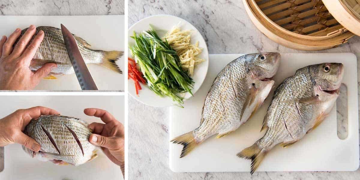 A Chinese Steamed Fish topped with Ginger and Shallots and seasonings, with hot oil poured over it to create a dramatic sizzle and an amazing sauce. So simple, yet so utterly delicious. Steam OR bake the fish! www.recipetineats.com