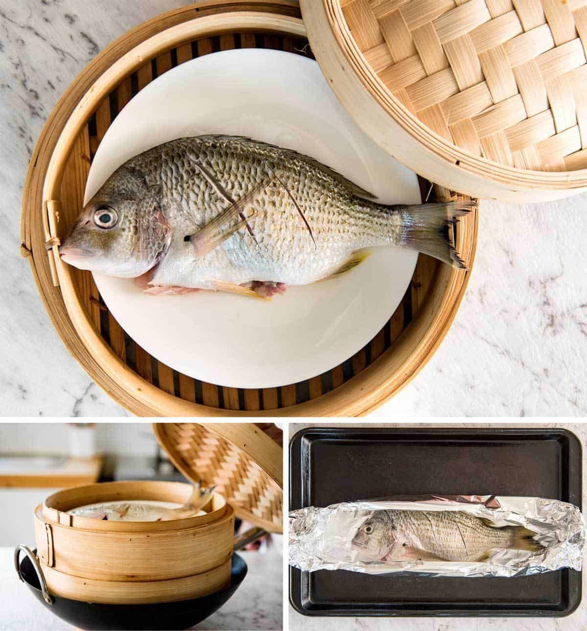 A Chinese Steamed Fish topped with Ginger and Shallots and seasonings, with hot oil poured over it to create a dramatic sizzle and an amazing sauce. So simple, yet so utterly delicious. Steam OR bake the fish! www.recipetineats.com