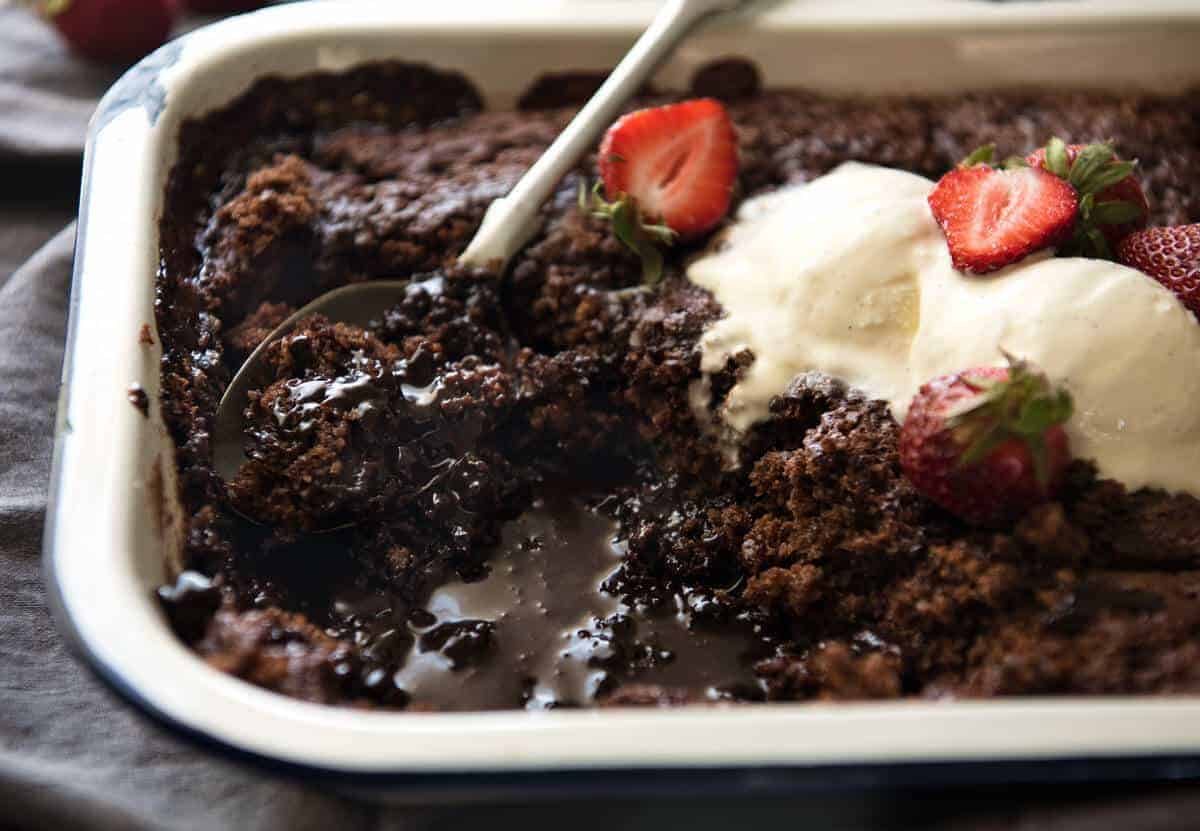 Chocolate Self Saucing Pudding - 1 batter transforms into a moist chocolate cake with a beautiful silky chocolate sauce! 10 minutes active effort. www.recipetineats.com