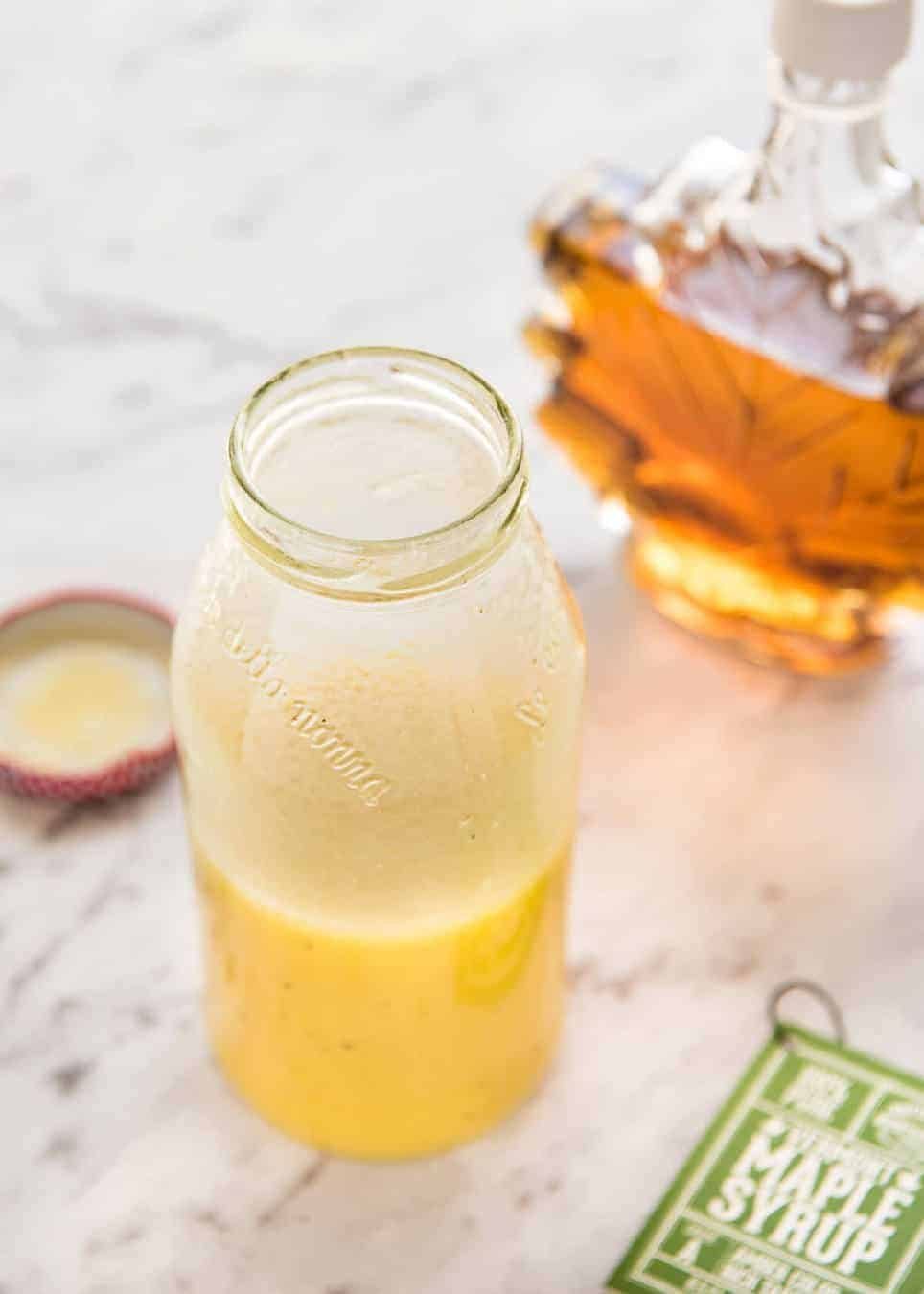 Maple Syrup Dressing made with maple syrup, cider vinegar, olive oil and mustard. Pairs especially well with roasted vegetable salads in a small bottle.