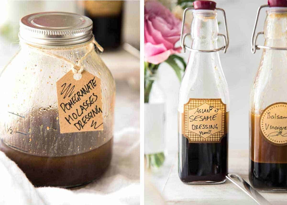 Easy Salad Dressing Recipes - Long Shelf Life, Ready To Use - Pomegranate Molasses Dressing and Asian Sesame Dressing www.recipetineats.com