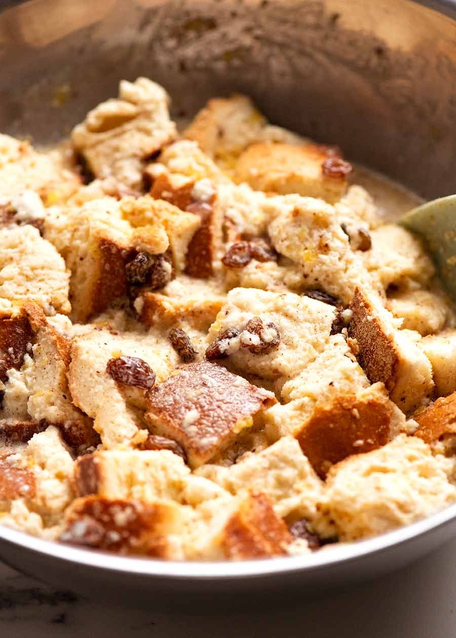 Bowl of Bread and Butter Pudding mixture, ready to be poured into baking dish