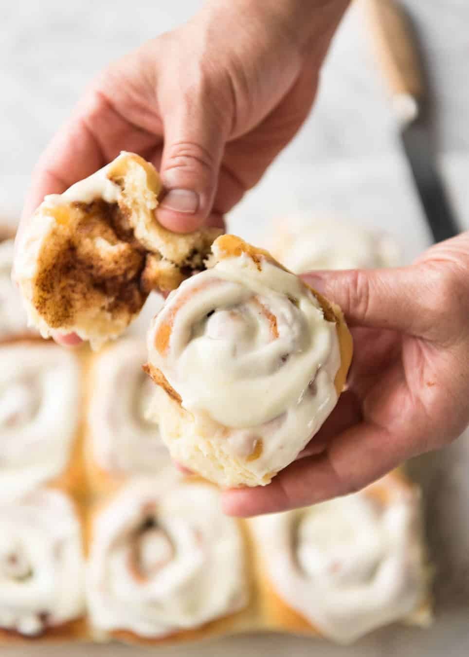 Magic No Knead Cinnamon Rolls - soft and fluffy with a cream cheese glaze! recipetineats.com