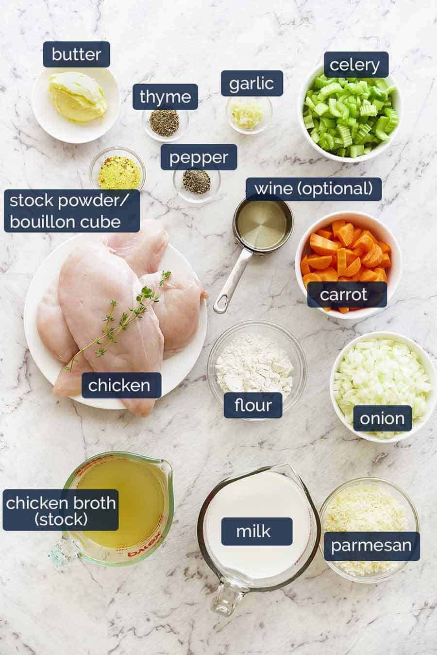 Chicken Pot Pie ingredients, made using uncooked chicken