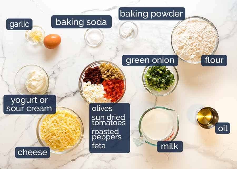What you need for Mediterranea Savoury Muffins - cheesy muffins with olives, sun dried tomatoes, roasted peppers, feta and cheese