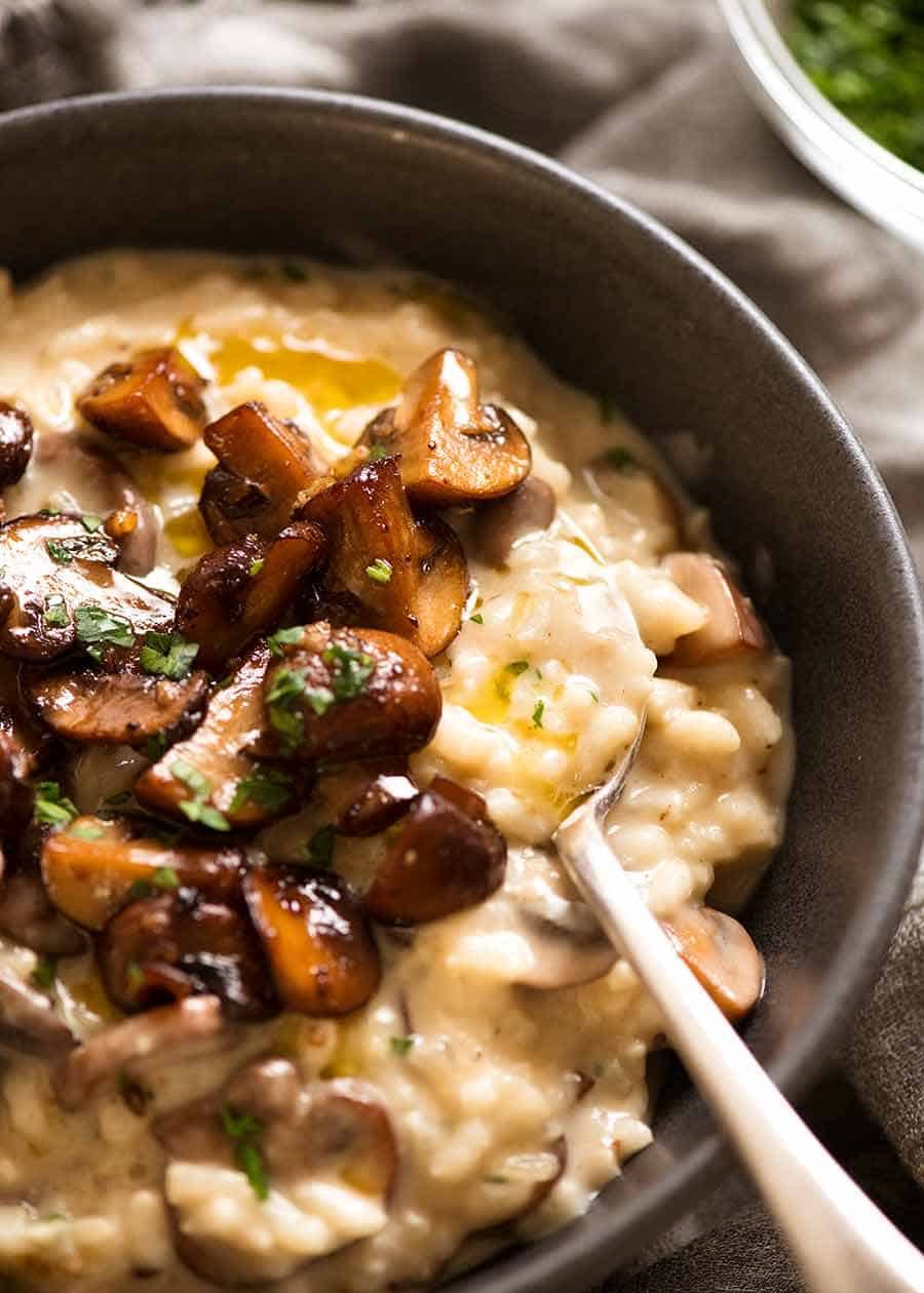 Bowl with creamy Mushroom Risotto, ready to be eaten