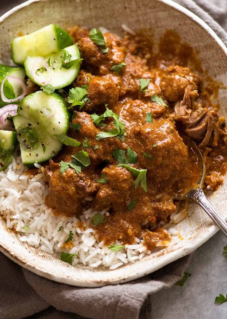Rogan Josh with steamed Basmati Rice and cucumber salad