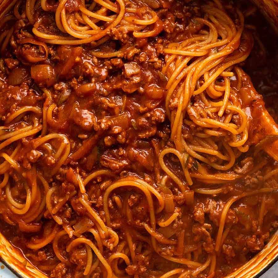 Close up of One Pot Pasta Bolognese, fresh off the stove