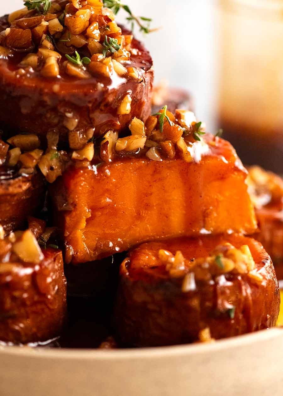 Close up showing the inside of Slow Roasted Fondant Sweet Potatoes with Maple Butter