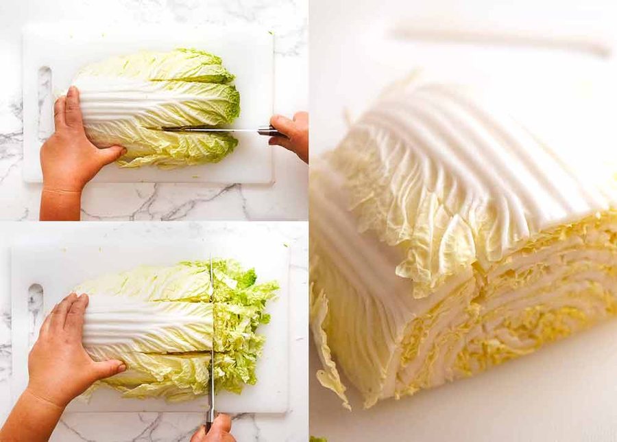 Cutting cabbage for Chang's Crispy Noodle Salad