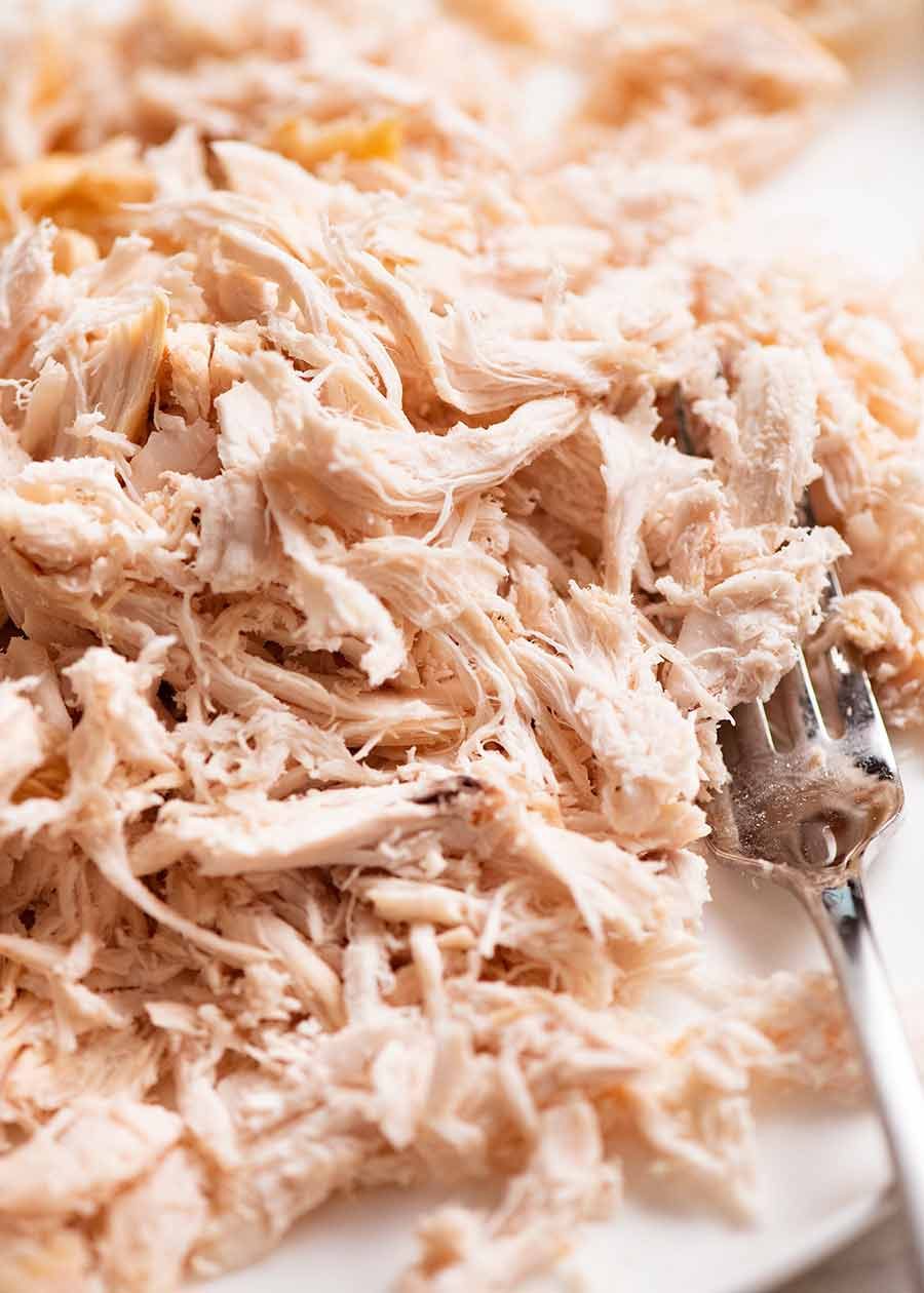 Pile of shredded chicken for Hot Buffalo Chicken Dip