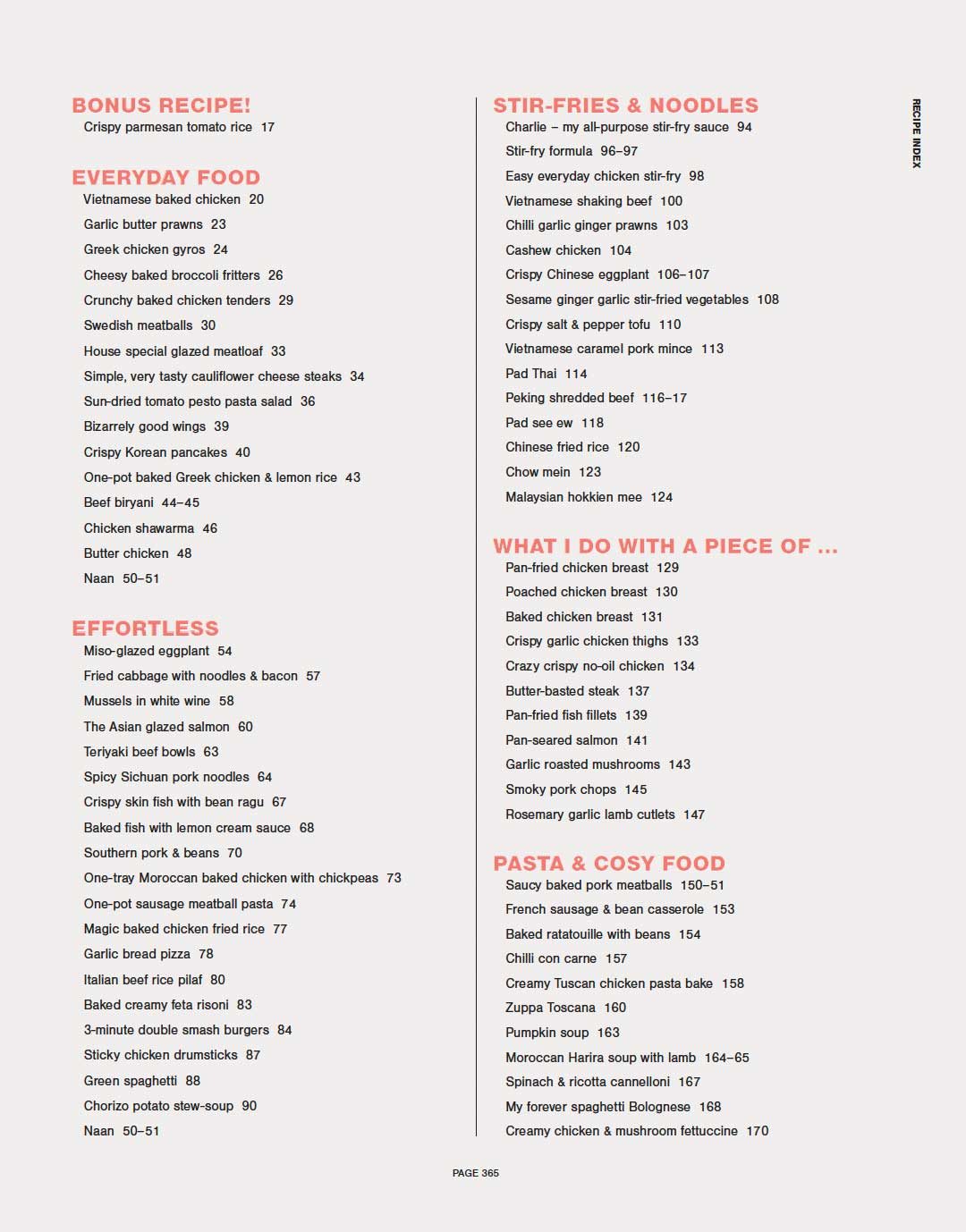 RecipeTin Eats "Dinner" cookbook by Nagi Maehashi - recipe index