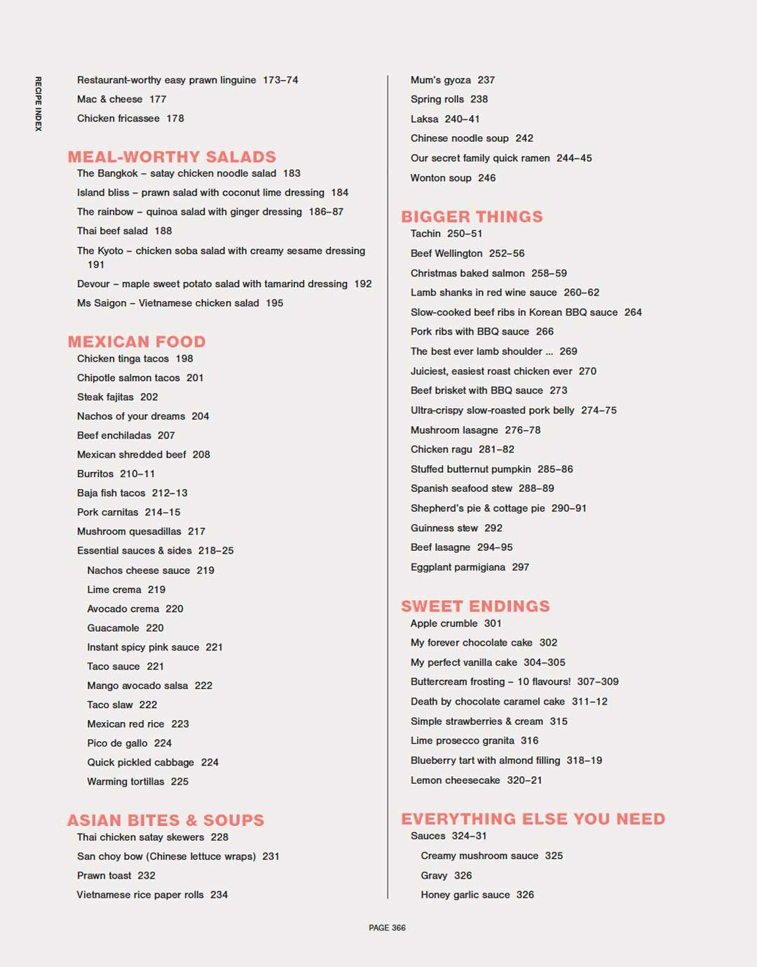 RecipeTin Eats "Dinner" cookbook by Nagi Maehashi - recipe index