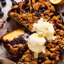 Overhead photo of Bursting Blueberry Crumb Cake